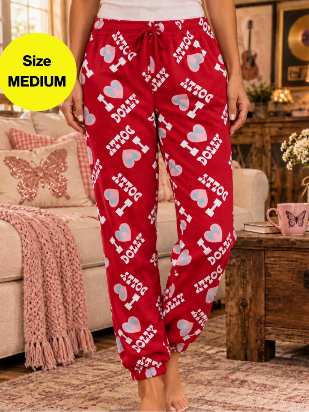 2/for $20 🪩 “I ♥ Dolly” Parton Red, White Loungewear Joggers (Women’s Medium)